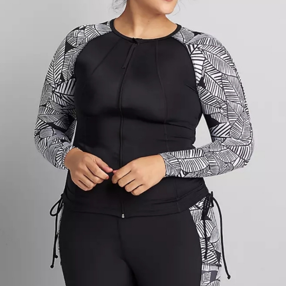 Lane Bryant Cacique Black White Full Zip Nylon Rashguard 24 NWOT